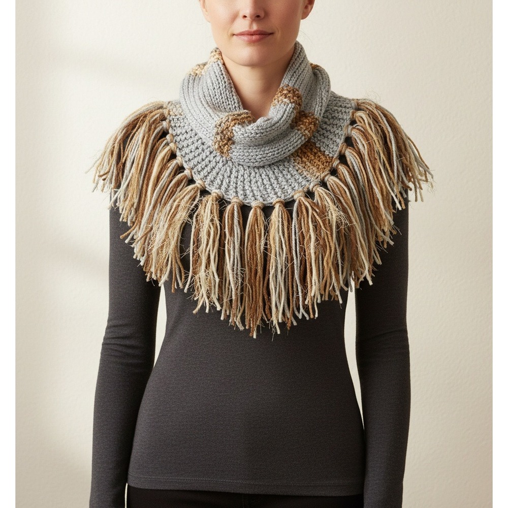 NEW Hand Knitted Gray Silver Beige Metallic Boho Cowl Scarf Glam Artsy Indie Mod